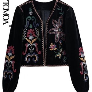 KPYTOMOA Women Fashion Contrast Embroidery Velvet Crop Open Blazer Coat Vintage Long Sleeve Female Outerwear Chic Veste Femme 220811