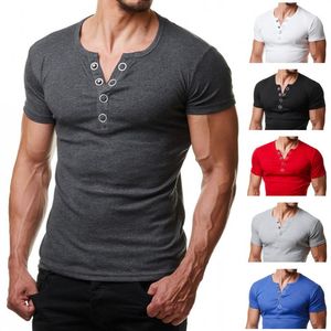 Maglietta Henley uomini estivi Fashion V Neck Short Shirt Shirt Shirt Homme Casual Slip Fit Button Design T-Shirt XXL244G