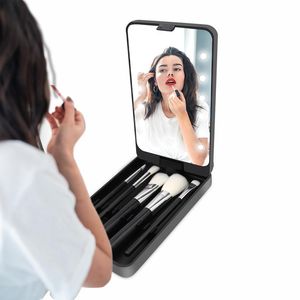 Espelhos compactos espelhos de maquiagem de LED inteligentes com tábua clara 5 pincéis portáteis USB dobráveis ​​recarregáveis ​​para DailyCompact