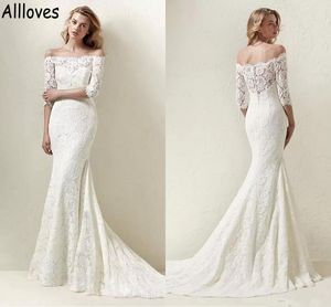 Abiti da sposa a sirena in pizzo pieno avorio con mezze maniche scollo a barca Sweep treno Abito da sposa bohémien Bottoni sul retro Spose vintage chic Robes de Mariee CL0895