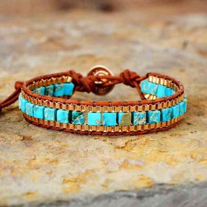 Bangle Designer Women Wrap S Turkise Stones Gold Chain Woven Armband Bohemian Statement smycken Dropship