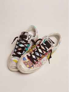 Taban topuk kirli ayakkabılar tasarımcı lüks İtalyan İtalyan el yapımı renkli grafiti baskı beyaz deri süper yıldız spor ayakkabılar-2