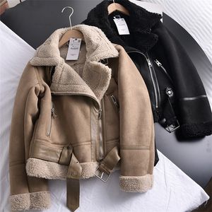 Donne invernali con giacca di agnello in pelle scamosciata calda spessa corta motocicletta marrone cappotti in finto shearling giacche in pelle di pelle di pecora outwear 220818