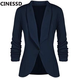 CINESSD Office Lady Blazers Coat Solid Long Sleeves Cardigan Button Casual Suit Navy Blue Draped Slim Cotton Women Blazer Jacket 220818