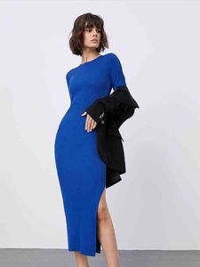 Sexy Frauen Rutsche Schlitz Solide Strick Bleistift Kleid Elegante Lange Hülse Hohe Taille Dünne Kleider 2022 Herbst Mode Bodycon Robe t220816