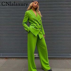 CNlalaxury Women Fashion Double Breasted Green Suit Blazer Coat Vintage Long Sleeve Flap Pockets Female Jacket Outerwear 220818