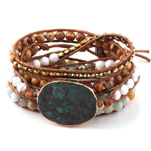 Bangle Designer Jewelry Fashion Women Leather Mixed Natural Stones Crystal Stone Charm 5 Strands Wrap Armband för Drop Shippers