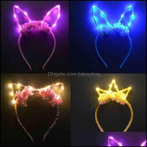 Fiori decorativi Ghirlande Donne Ragazze Corona di fiori Coniglietto Orecchio di gatto Cerchio per capelli Glow String Light Fascia per capelli Regalo per feste Cosplay Bdesybag Dhj64