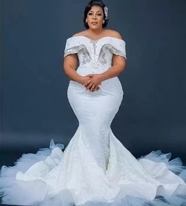 2022 Plus Size Arabic Aso Ebi Стильное роскошное русалочное свадебное платье из бисера кристаллов жемчужины свадебные платья B0818G02