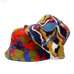 Jesienno-zimowy kamuflaż Faux futrzane kapelusze typu Bucket kobiety dziewczyna moda ciepły miękki aksamit puszysty kapelusz rybaka panie Outdoor Panama Y220818