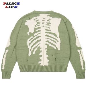 Men Oversized Sweater Green Loose Skeleton Bone Printing Woman High Quality Street Damage Hole Vintage 1 1 Knitted 220817