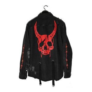 Hip Hop Denim Jacket Men Gothic Skull Cobra Drukowana dziura haftowa zgrana streetwear harajuku rock punk vintage dżinsy 220818