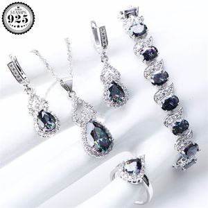 Conjuntos de joias de arco-íris natural 925 pedras de prata esterlina brincos de casamento para mulheres pulseira colar anéis conjunto caixa de presentes 220818