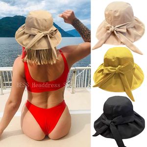 2022 Big Brim Bow Bucket Hat Cotton Fashion Korean Castary Ladies Flat Fishermans Cap Beach Tourism Hats Women Sun Hat Y220818