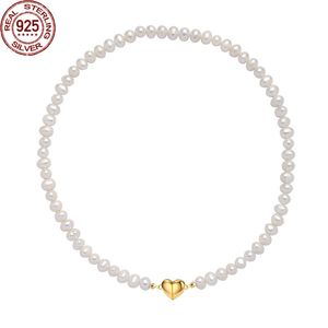 925 Silver Love Magnetic Buckle Natural Pearl Beaded Necklaces Female Fashion Light Luxury Niche Design Sense Collarbone Neck Chain Jewelry