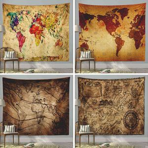 World Retro Map Hanging Wall Tapestries Diy Mural Tapestry Study Background Cloth Home Decoration J220804