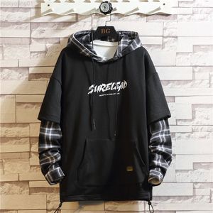 Wetailor svart lapptäcke hoodies hösten våren mäns tröjor hiphop punk streetwear casual pullover 2022 nya rutiga hoodies y220818