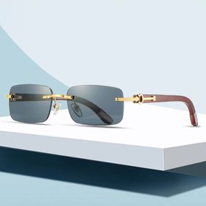 Sungases designer solglasögon kvinnor läsningsglasögon kantfria glasögon män fyrkantiga optiska ramar strand metall bruna blå gula linser lyxiga träben ramlösa