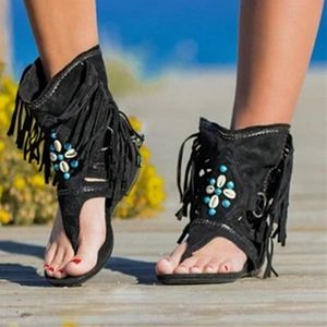 Sandals Women's Retro Bohemian Tassel Sexy Clip Toe Boots Gladiator Ladies Flats SummerSandals