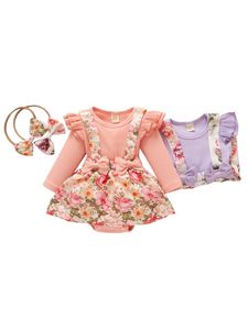 Rompers spädbarn baby flickor tvådelar kläder set blommor tryckt mönster långärmad romper och huvudbonad rosa/ purplerompers rompersrompers