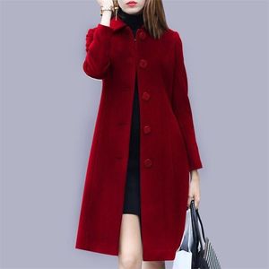 Fashion Ladies Wool Coat Autumn Winter Mid Length Single Breasted Slim Blended Woolen Overcoat Red Blue Black Women Jacket 220818