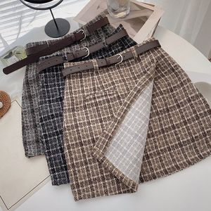 Korean Office Women Mini Skirt Ladies Winter Autumn Fashion Harajuku High Waist Slim ALine Belt Plaid Skirt Streetwear 220818