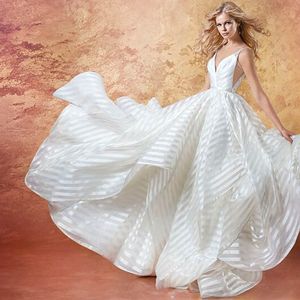 2022 Stripe Wedding Dresses v Neck Lace A Line Sweep Train Inline Provess