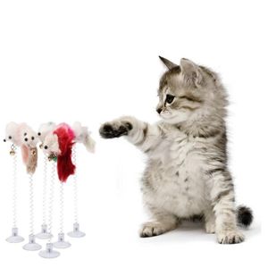 Feather Stick Spring Toy Sug med Bell Mouse Cat Interactive Pet Tool Elastic Scratcher Möss Teaser Entertainment Multicolor