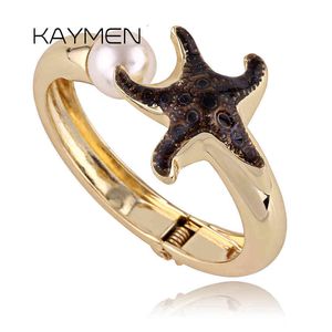 Designer Jewelry Newest Unique Desgin Starfish Shape Inlaid Imitation Pearl Bangle Cuff Bracelet for Girl Golden Plated Top Quality