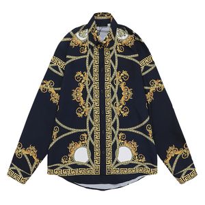 Outono Inverno Camisas de boliche de manga comprida de alta qualidade moda masculina dourada estampada letra barroca camisa masculina casual mais tamanho asiático M-3XL