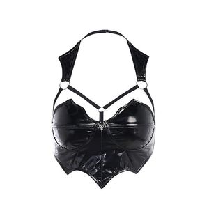 Bras Sets Women Gothic Black Leather Crop Top Bat Shape Punk Sexy Backless Bodycon Lingerie Night Club Wear Chest Harness Camisole269V