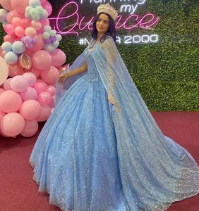 Glitter quinceanera klänning himmel blå paljett prinsessor prom party boll klänning med lång wrap älskling snörning söt 16 klänningar vestidos 15 anos