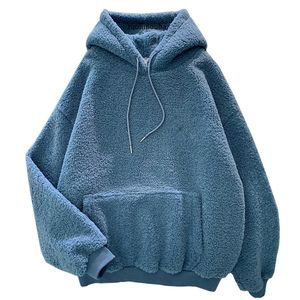 Autumn Winter Thick Warm Coat Velvet Cashmere Women Hoody Sweatshirt Solid Blue Pullover Casual Tops Lady Loose Long Sleeve 220818