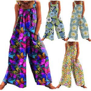 Women's Jumpsuits & Rompers Printing Sleeveless Rompers One Piece Set Jumpsuit Loose Preppy Style Pants Casual Big Pocket Female Overalls Playsuit