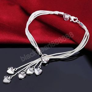 925 Sterling Silver Tassel Love Five Heart Snake Chain Bracelet For Women Wedding Engagement Party Jewelry