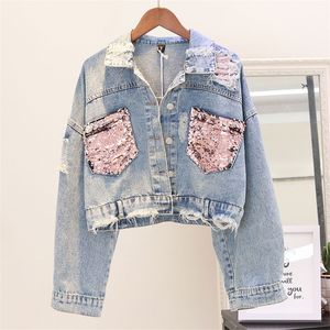 Hole Jean Jacket Women Spring Short Sequin Denim Splice Autumn Bomber S na pępek 220818