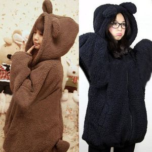 Plysch tröja med öron svans koreanska varm kvinnors dragkedja hoodie fast färg fluffig flyce söt överdimensionerad hoodie björn 220818