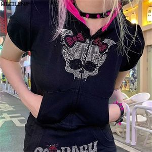 Skull Gothic Streetwear Short Sleeve Black Zip Hoodie Y2K Hip Hop Crop Top Sweatshirt Korean Fashion Punk Sport Coat 220817