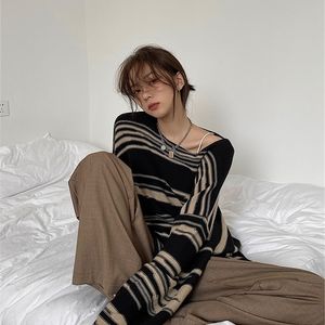 LMQ Kobiety Punk Gothic Striped Long Rleeve Lose Patchwork Sweater Hip Hop Retro Oversize Pullover Casual Knitted Skoczkowie W220817