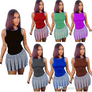 Designer-Frauen-2-teiliges Kleid-Set, Sommer, bedruckt, kurze Outfits, sexy, ärmellose Nähte, bauchfreies Tank-Top und Rock, passendes Set