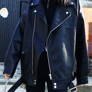 Sungtin Korean Faux Leather Jacket Women Belt Oversize BF Style Punk PU Women s Streetwear High Street Biker Coat 220818