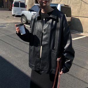 黒冬の革のジャケット女性韓国韓国の薄い薄いモト女性秋のファッションストリートウェアアウターウェアバイカーコート220818