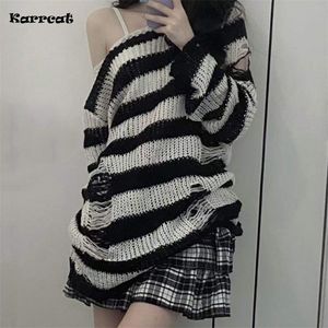 Karrcat Punk Gothic Long Seater women dark yesthetic Striped pullovers Hollowed out outexedized Grunge Jampers emo alt coordes y2k w220817