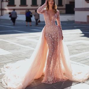 Pink Sexy Mermaid Prom Dresses Long Sleeves Deep V Neck Lace Hollow Appliques Sequins Detachable Train Floor Length Evening Gowns Plus Size Custom Made Tailored