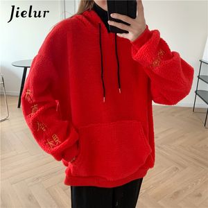 Jielur Winter Lamb Cashmere Warm Sweatshirt Chinese Letter Embroidery Hoodies Women Red Hooded Pullover Female MXL 220818