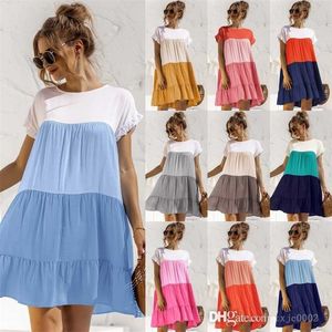 Kvinnors sommar ruffle shirt klänning kontrast färg lapptäcke avslappnade klänningar lös kort ärm vestidos elegant kjol