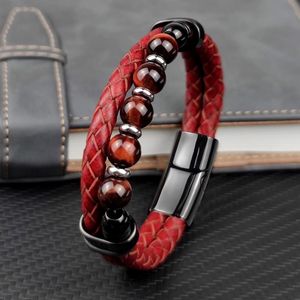 Red Natural Round Chakra Strand Bead Stone Mens Bracelet Classic Echt lederen roestvrijstalen Bangles Women Fashion Jewelry