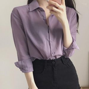 Office seksowne solidne koszule Kobiety moda na długi rękaw Turn kołnierz Top Ladies Button Blusas Cortas Sexy#G301