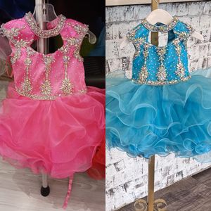 Baby Girl Cupcake Pageant Dress For Little Miss 2023 Blue Hot Pink Grape GLITZ KIDS Födelsedag Formell festklänning Spädbarn Småbarn Designer Ruffles AB Stone Mini Real Image