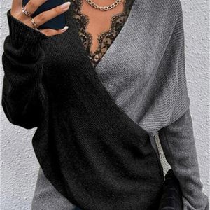 Jesienne koronkowe swetra Kobiety luźne swetr na dzianie w swetrze duży pullover dopasowanie kolorów nieregularne vintage swetry żeńskie 220817